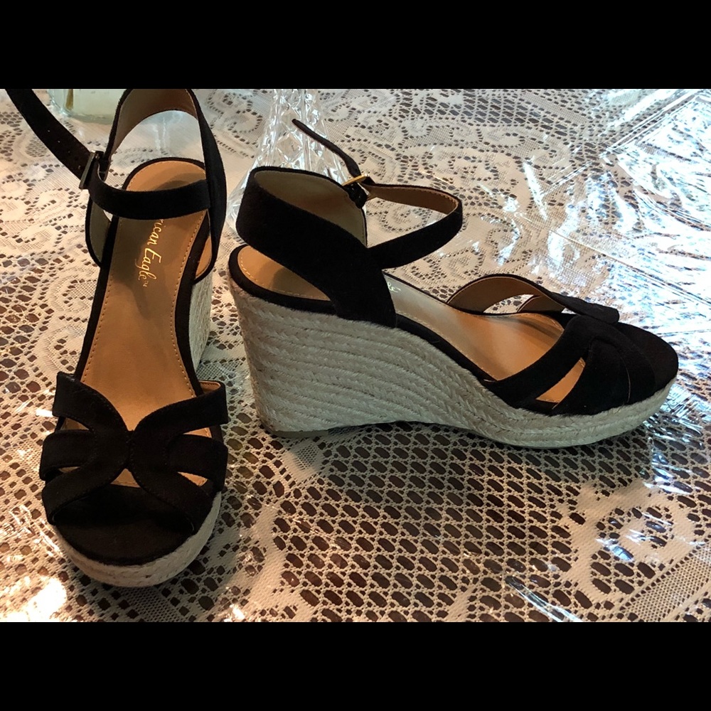 Black suede wedge sandals.  Size 9. Never worn